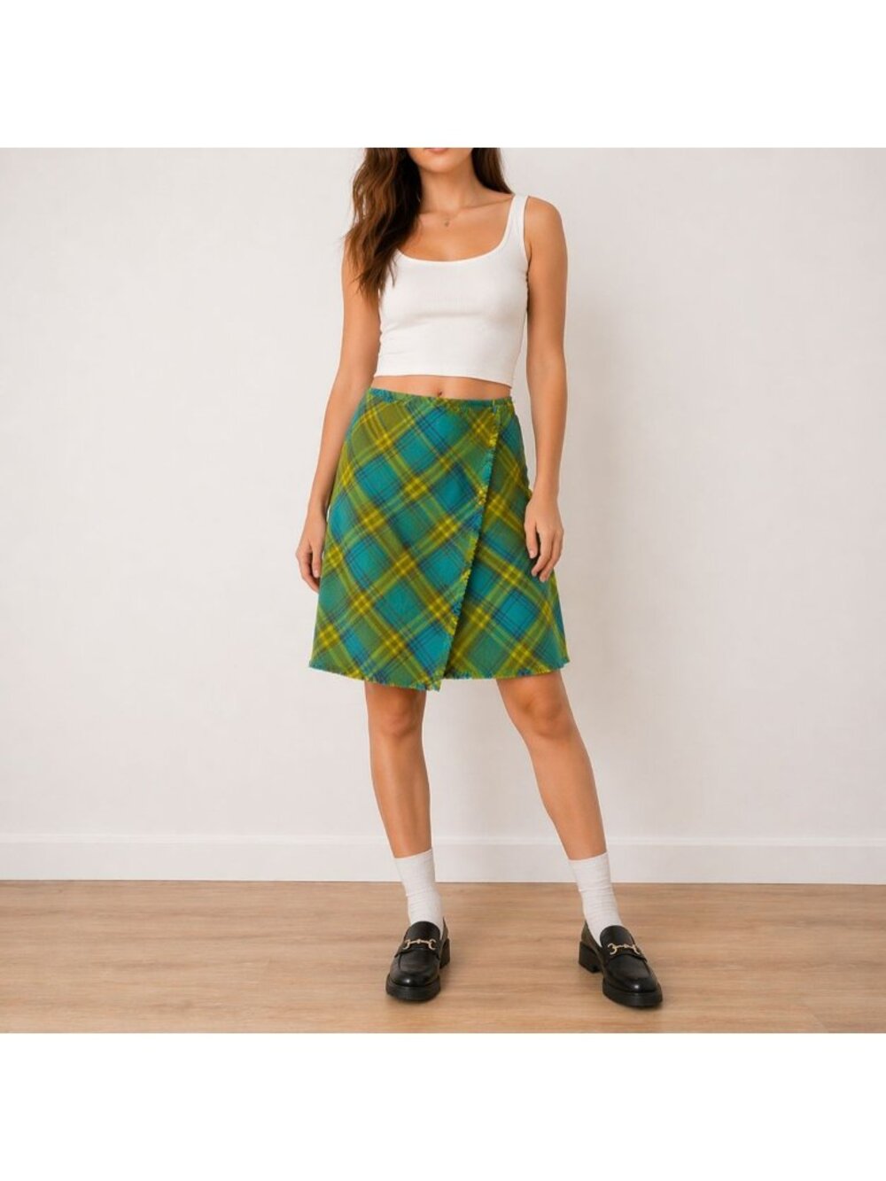 Vintage Plaid Wool Skirt Green Blue Yellow Fringe Hem Size 7 Preppy Clueless Y2K